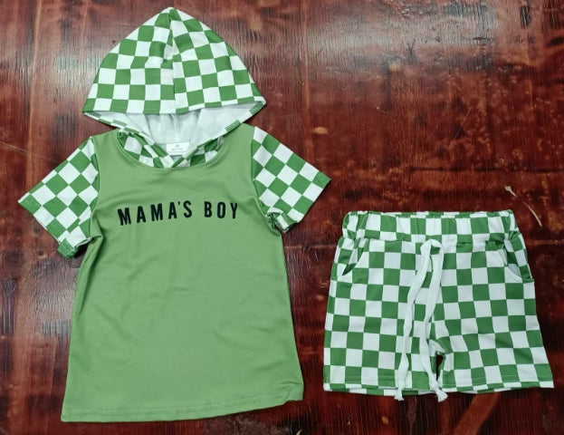 Preorder moq 5 Baby Boys Green Plaid Short Sleeves Mama's Boy Hoodies Top Pockets Short Set