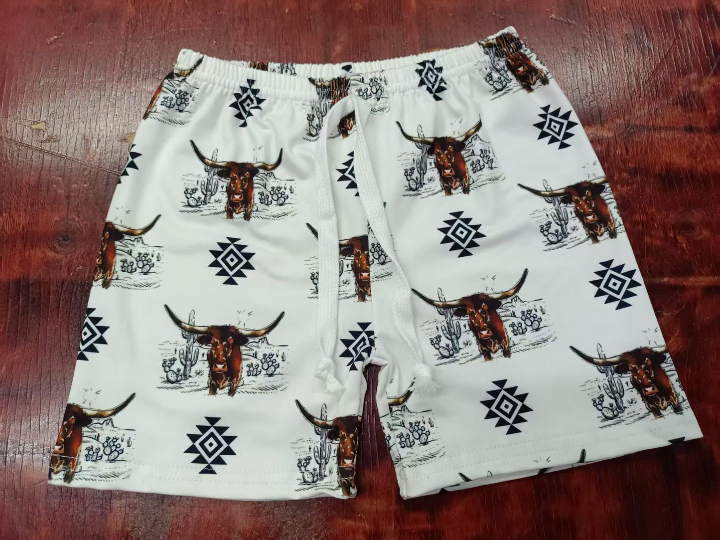 Preorder moq 5 Baby Boys Aztec Highland Cows Shorts Bottoms With Belt