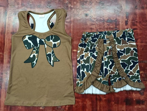 Preorder moq 5 Baby Girls Sleeveless Olive Camo Bows Vests Top Ruffle Short Set