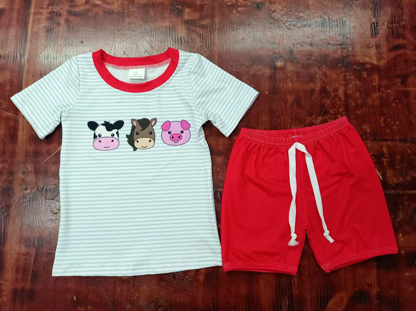 Preorder moq 5 Baby Boys Blue Stripe Short Sleeves Cows Pigs Top Short Farm Set