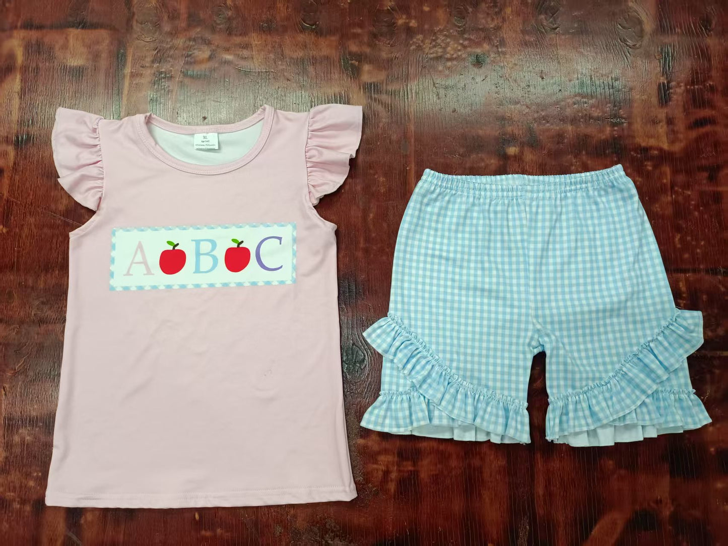 Preorder moq 5 Baby Girls Peach Flutter Sleeves A B C Apples Top Blue Plaid Ruffle Short Set