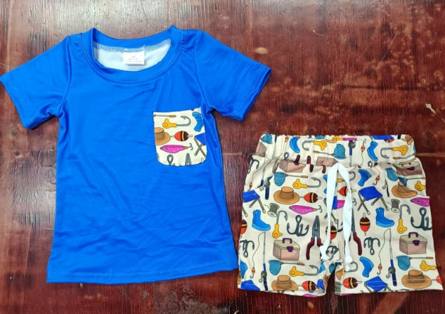 Preorder moq 5 Baby Boys Hot Blue Pocket Top Fishing Short Set