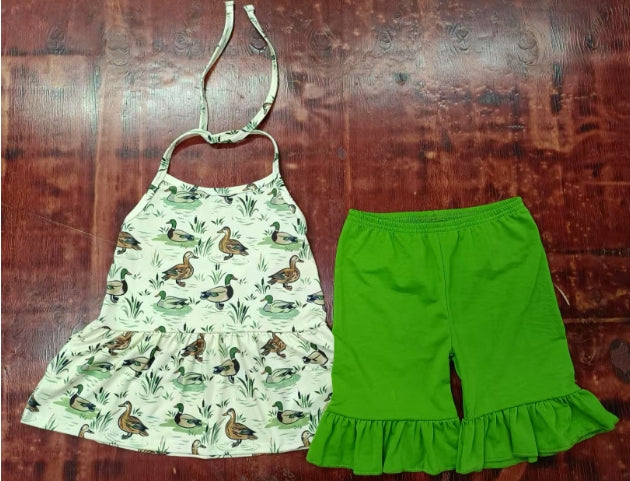 Preorder moq 5 Baby Girls Strap Ducks Plaid Tunic Ruffle Short Set