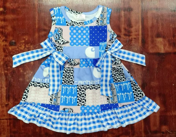 Preorder moq 5 Baby Girls Blue Sleeveless Cow Print Boots Plaid Bows Knee Length Dresses