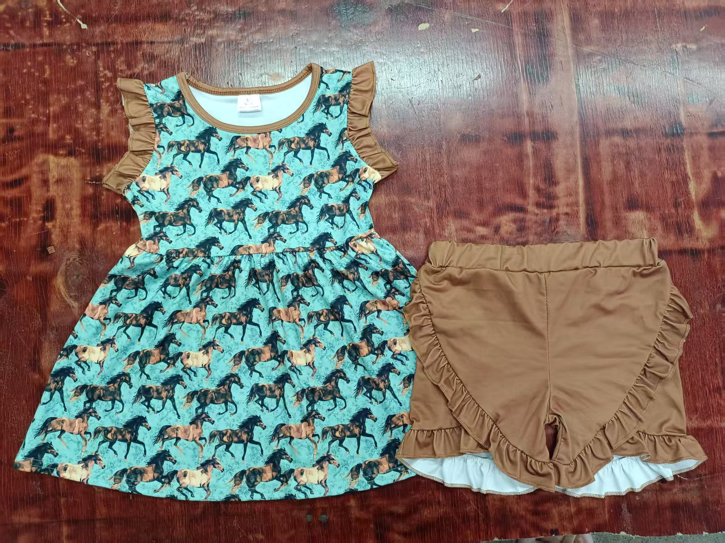 Preorder moq 5 Baby Girls Khaki Sleeveless Horses Plaid Tunic Ruffle Short Set