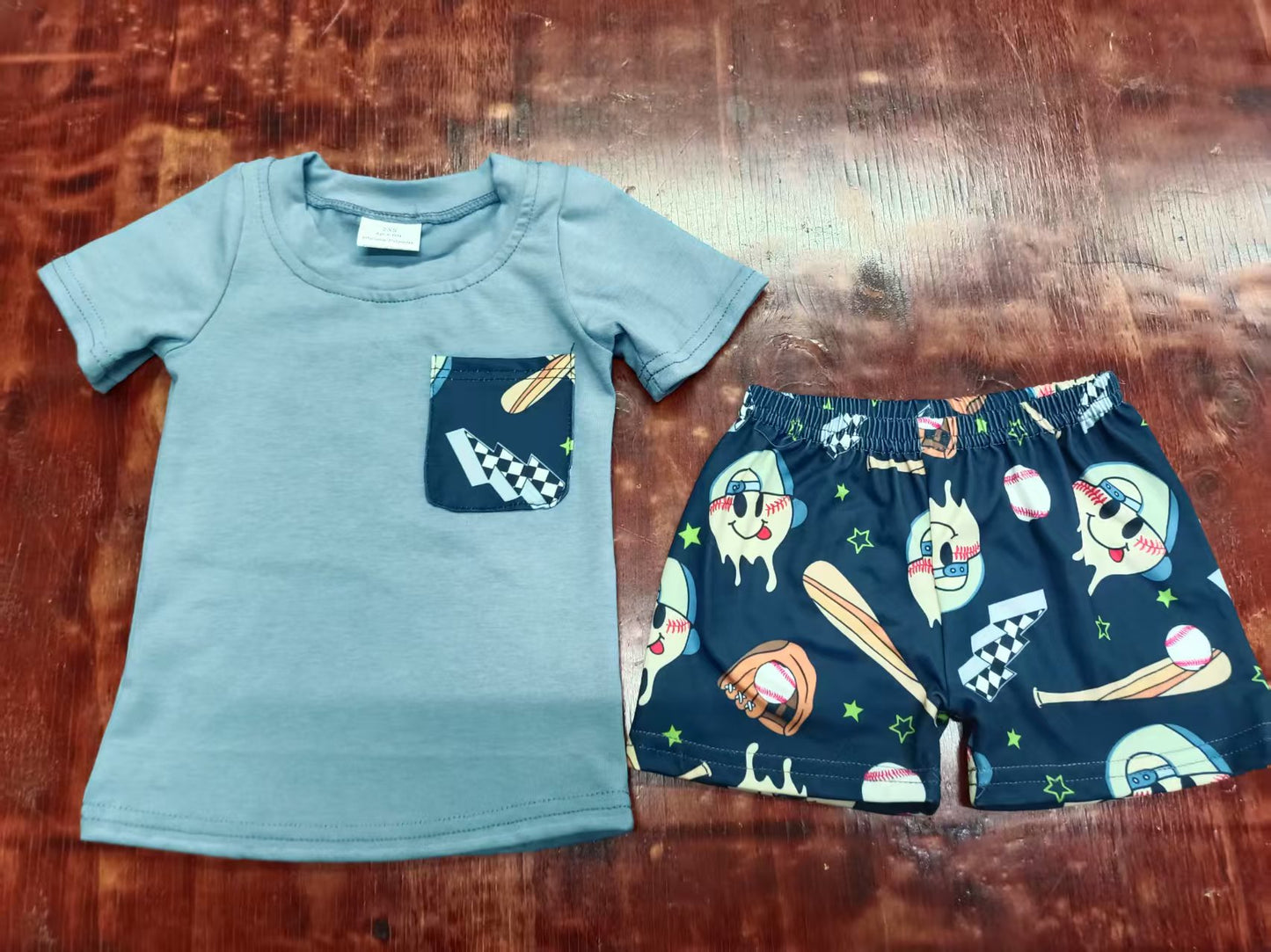Preorder moq 5 Baby Girls Blue Short Sleeves Pocket Top Smiles Baseballs Short Set
