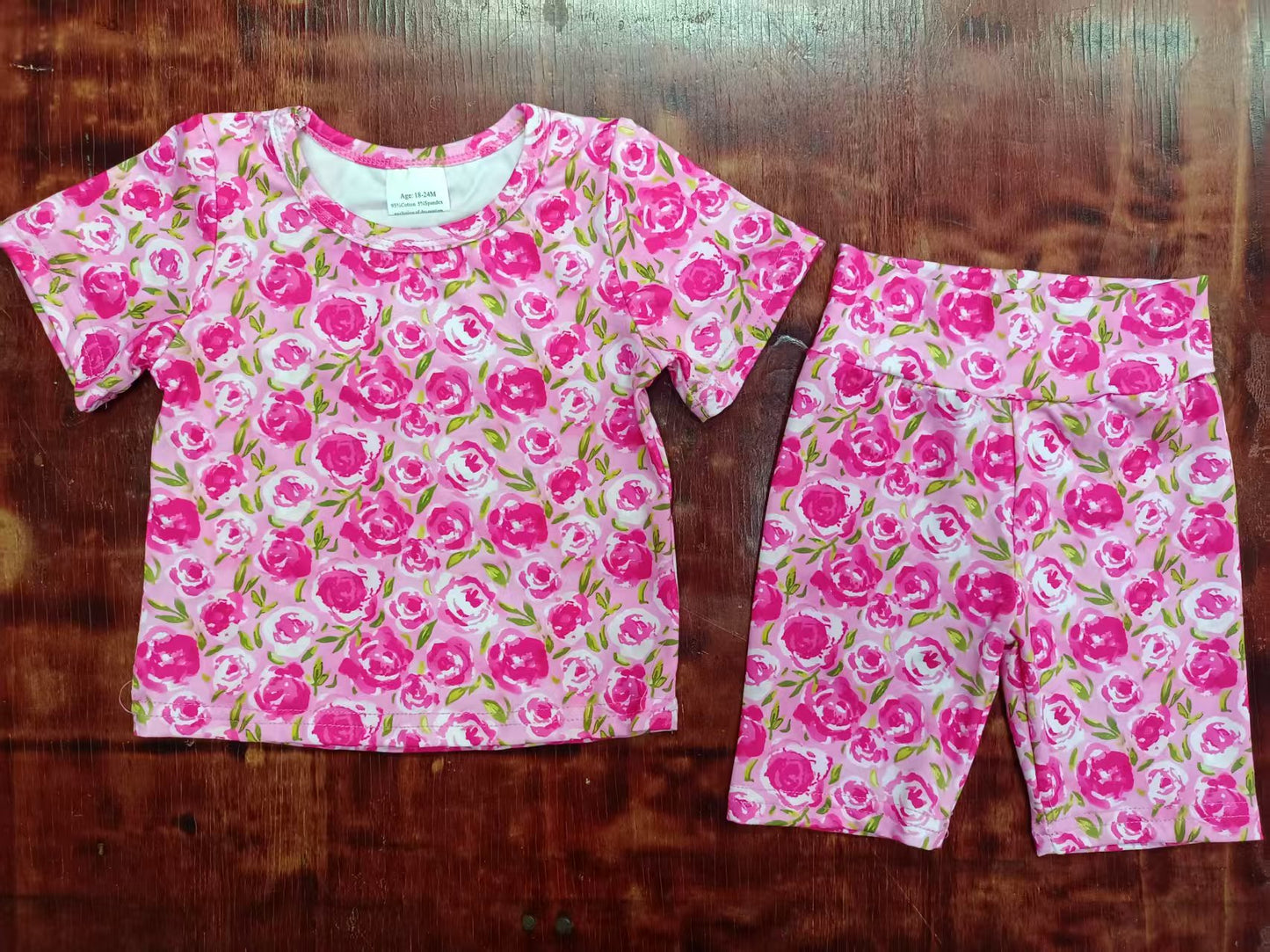Preorder moq 5 Baby Girls Pink Short Sleeves Rose Flowers Top Biking Short Sports Clothes Sets
