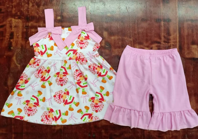 Preorder moq 5 Baby Girls Pink Strap Bows Strawberry Tunic Ruffle Short Set