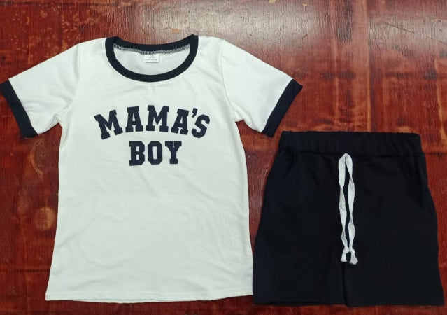 Preorder moq 5 Baby Boys White Short Sleeves Mama's Boy Top Black Short Set