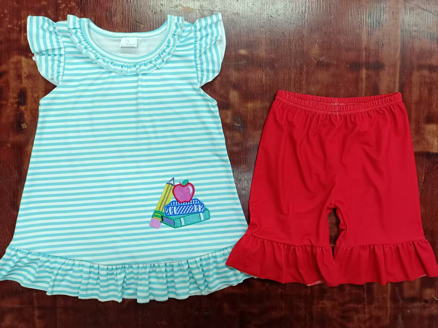 Preorder moq 5 Baby Girls Blue Stripe Flutter Sleeves Apples Pencil Tunic Red Ruffle Short Set