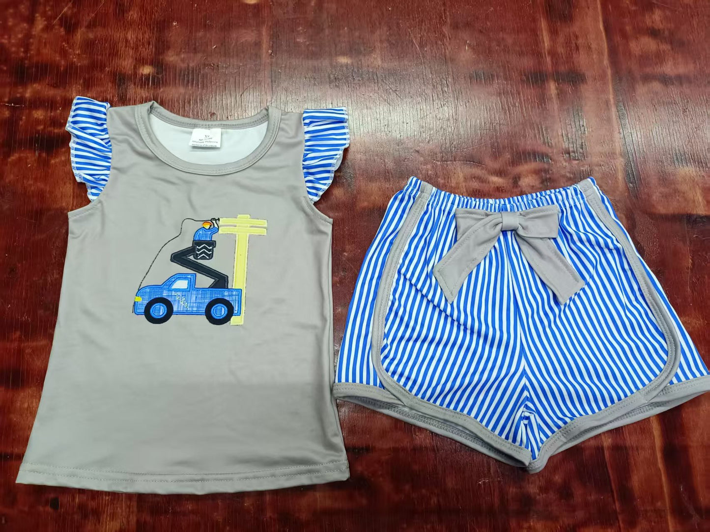 Preorder moq 5 Baby Girls Blue Stripe Flutter Sleeves Excavator Top Bow Short Clothes Set