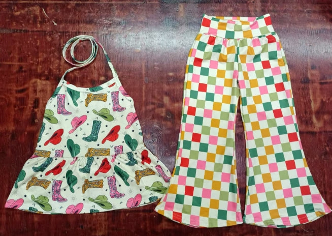 Preorder moq 5 Baby Girls Strap Colorful Hats Boots Tunic Plaid Bell Bottom Pant Set