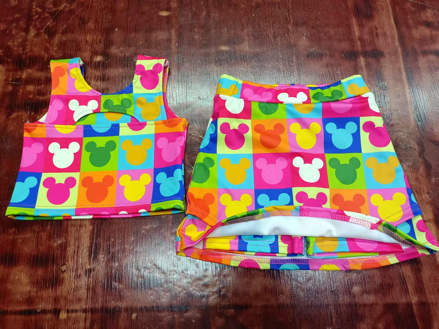 Preorder moq 5 Baby Girls Sleeveless Colorful Mouses Plaid Vest Top Short Skirts Set