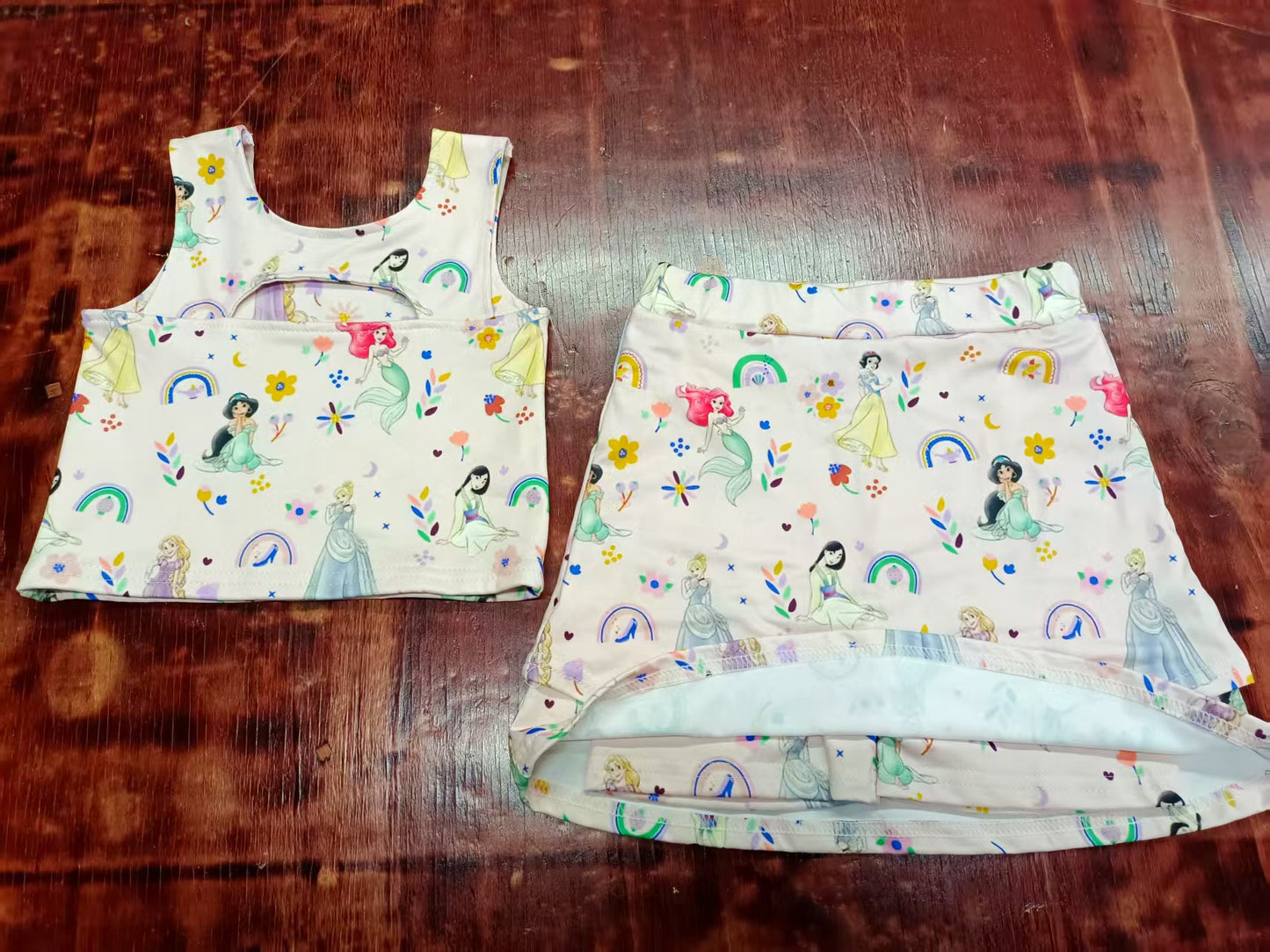 Preorder moq 5 Baby Girls Peach Sleeveless Cartoon Princess Flowers Vest Top Short Skirts Set