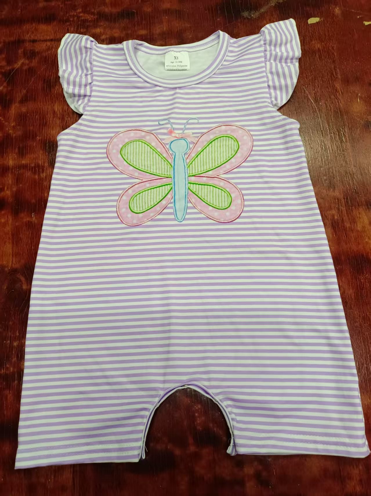 Preorder moq 5 Baby Girls Lavender Stripe Flutter Sleeves Butterfly Pant Rompers