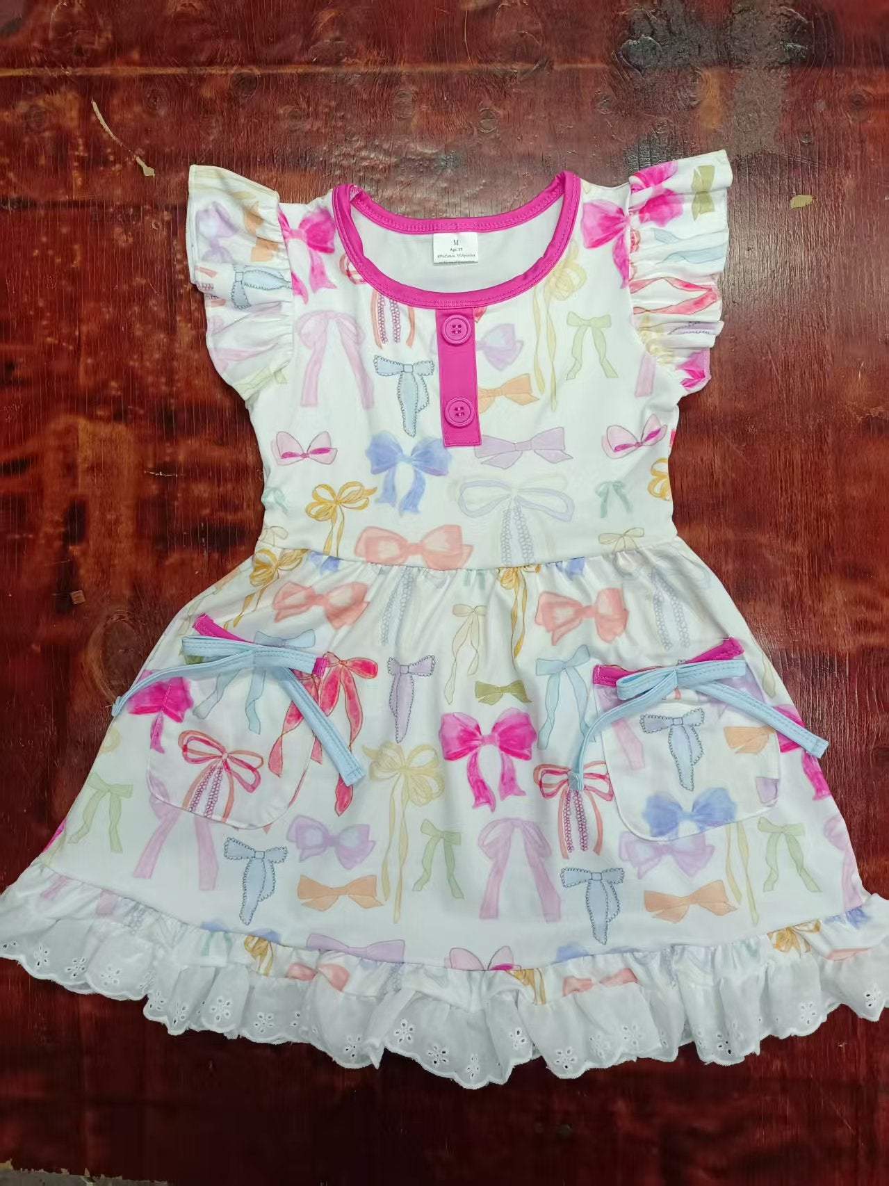Preorder moq 5 Baby Girls Flutter Sleeves Button Colorful Bows Pockets Knee Length Dresses
