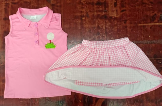 Preorder moq 5 Baby Girls Pink Sleeveless Golf Button Vest Top Plaid Short Skirts Set