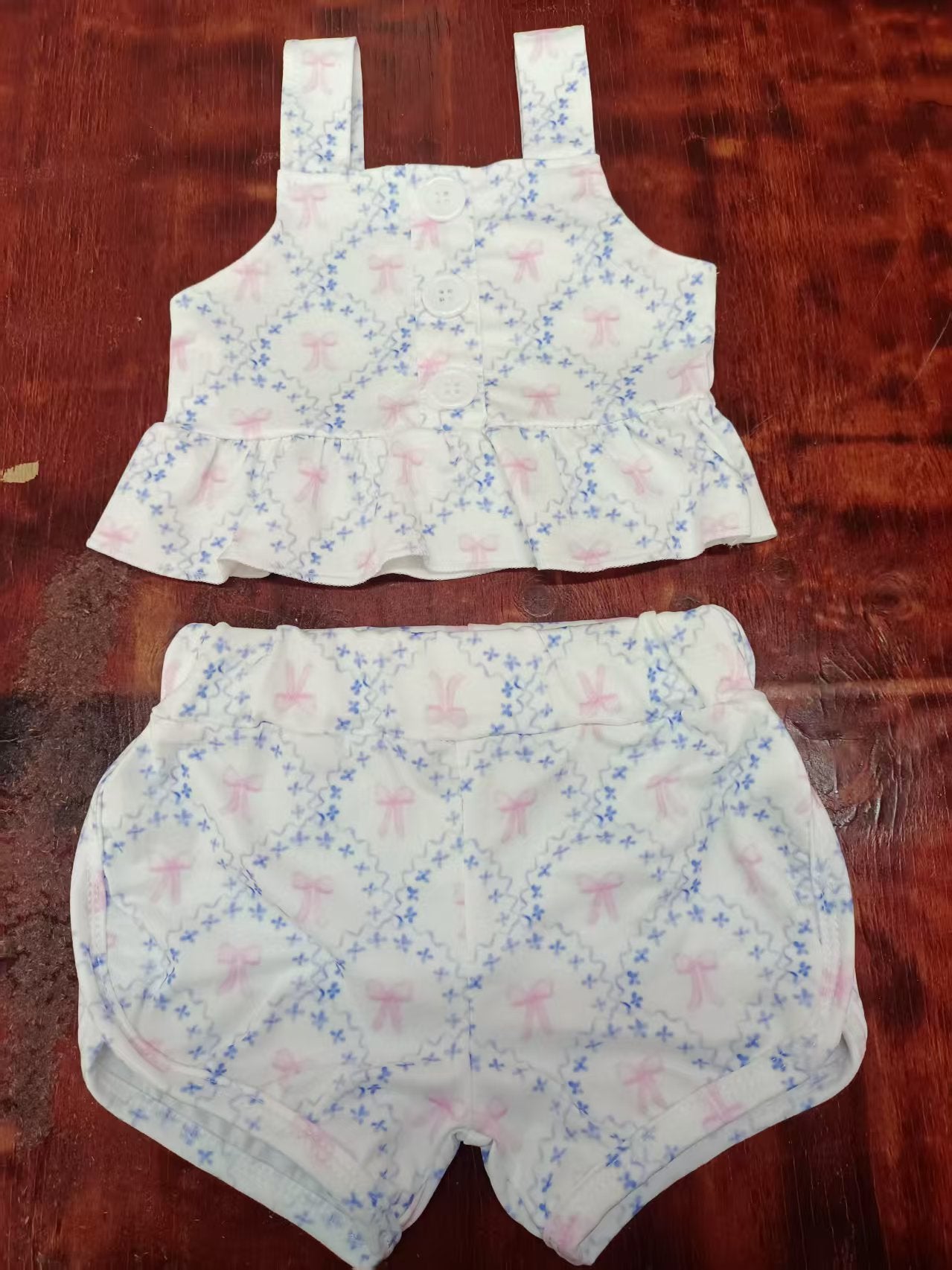 Preorder moq 5 Baby Girls Pink Strap Bows Plaid Vests Top Pockets Shorts Summer Set