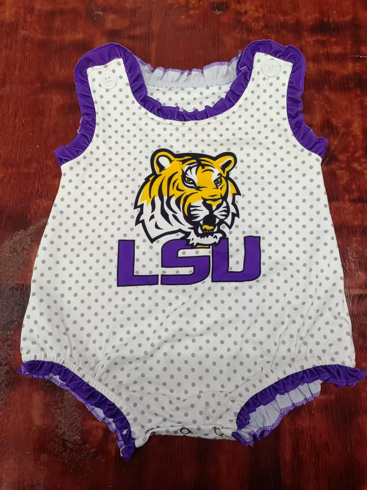 Preorder moq 5 Baby Girls Sleeveless Polka Dots LSU Tiger Ruffle Rompers