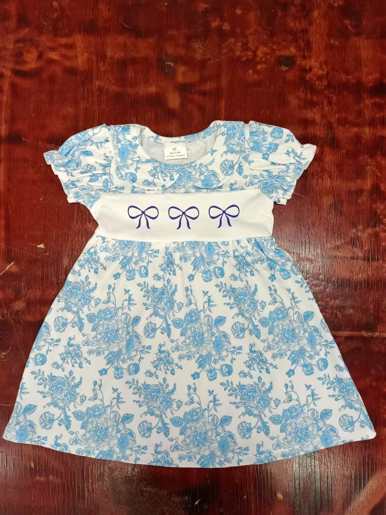 Preorder moq 5 Baby Girls Blue Short Ruffle Sleeves Bows Floral Knee Length Dresses
