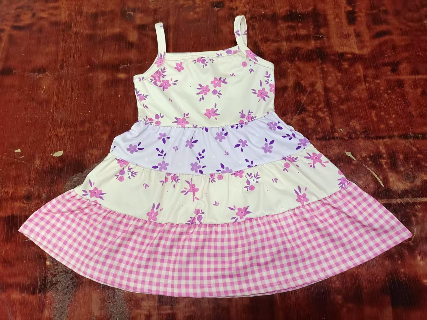 Preorder moq 5 Baby Girls Strap Flowers Plaid Patchwork Knee Length Dresses
