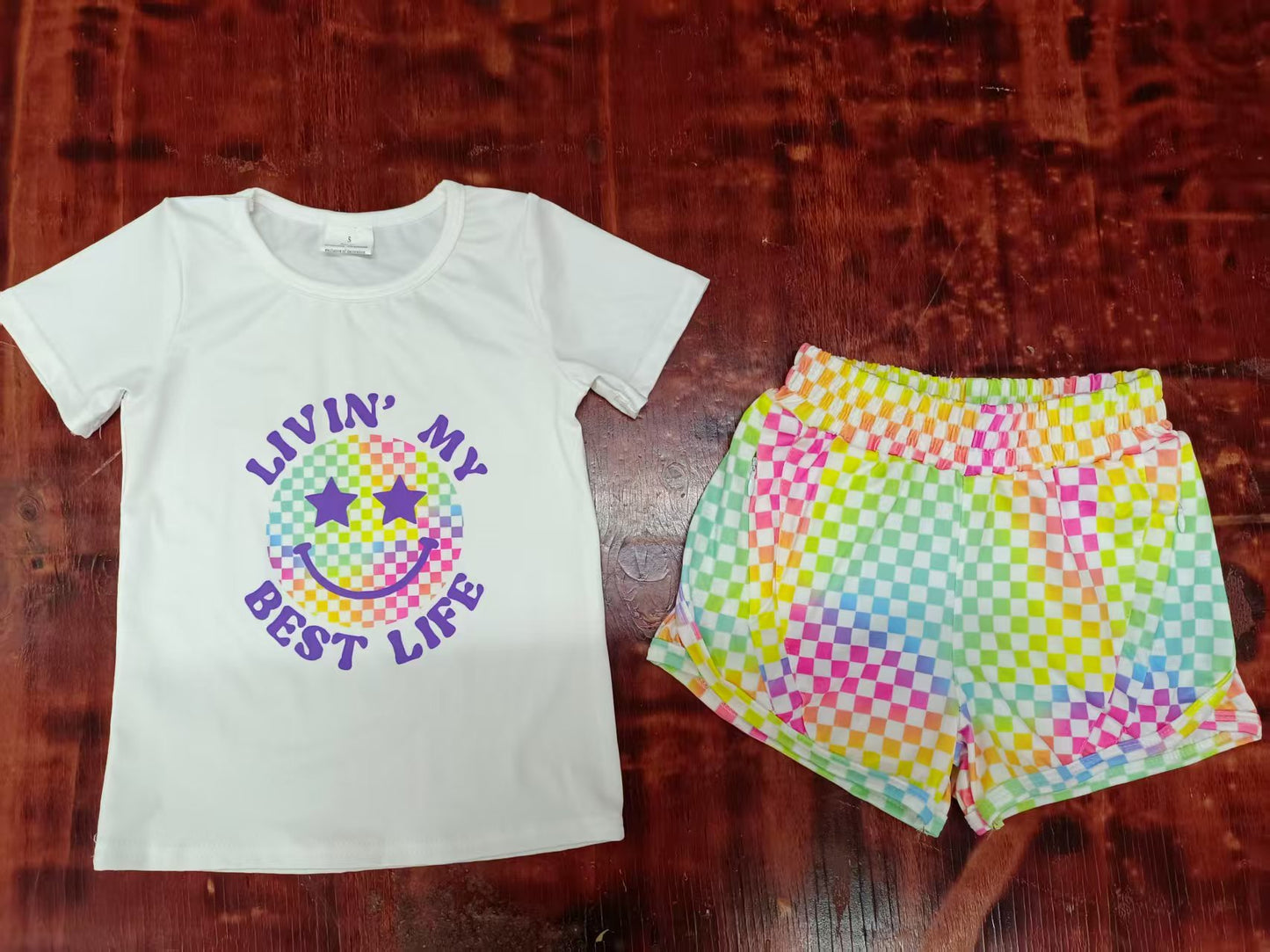 Preorder moq 5 Baby Girls White Short Sleeves Lavender Smile Top Plaid Pockets Short Set