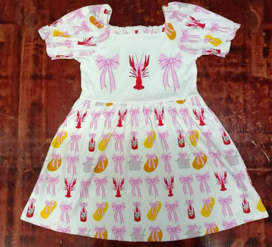 Preorder moq 5 Baby Girls Pink Short Ruffle Sleeves Bows Crayfishes Knee Length Dresses