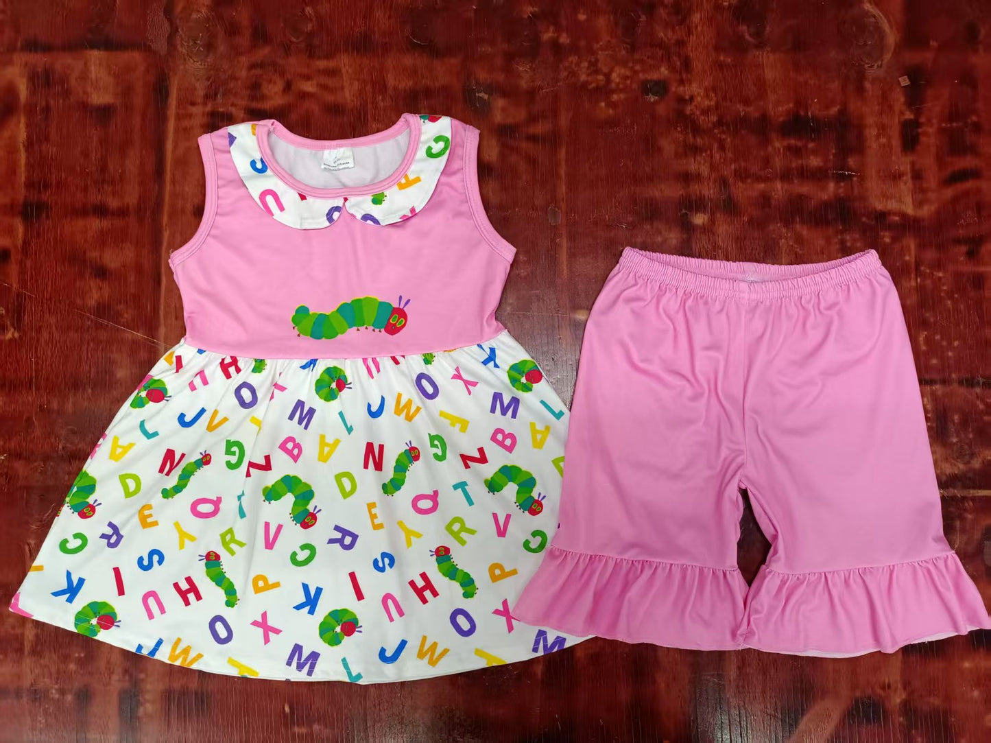 Preorder moq 5 Baby Girls Pink Sleeveless Caterpillar Tunic Ruffle Short Set