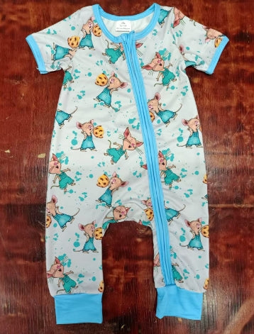 Preorder moq 5 Baby Boys Blue Short Sleeves Mouses Zipper Pant Rompers