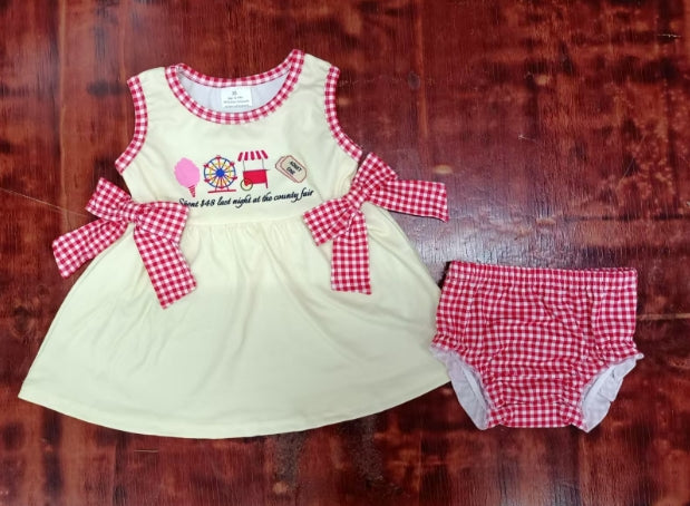 Preorder moq 5 Baby Girls Sleeveless Ice Cream Truck Bows Tunic Red Plaid Ruffle Bummies Set