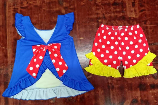 Preorder moq 5 Baby Girls Hot Blue Flutter Sleeves Princess Tunic Polka Dots Short Set