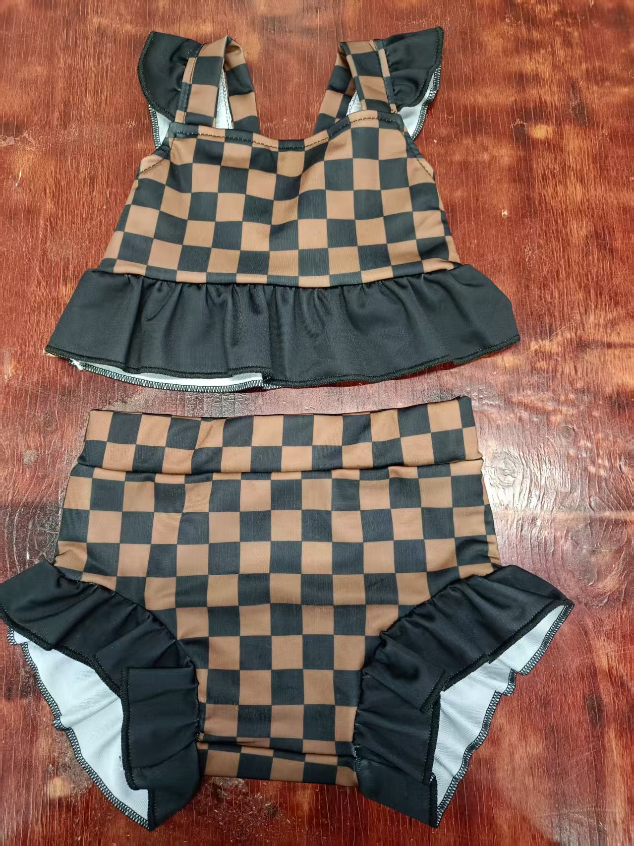 Preorder moq 5 Baby Girls Black Khaki Plaid Flutter Sleeves Tunic Ruffle Bummies Set