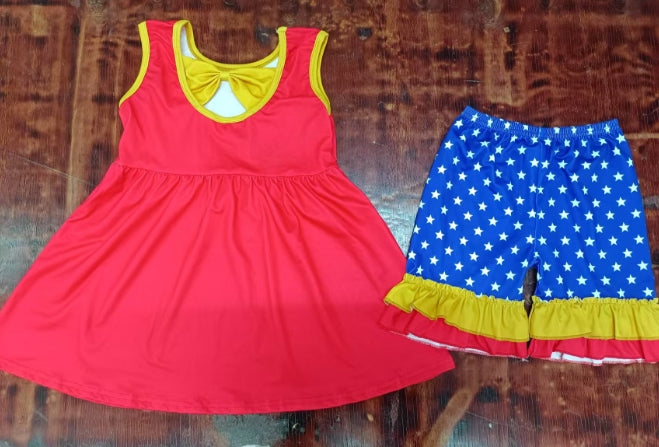 Preorder moq 5 Baby Girls Sleeveless Red Yellow Blue W Tunic Stars Ruffle Short 4th Of July Set