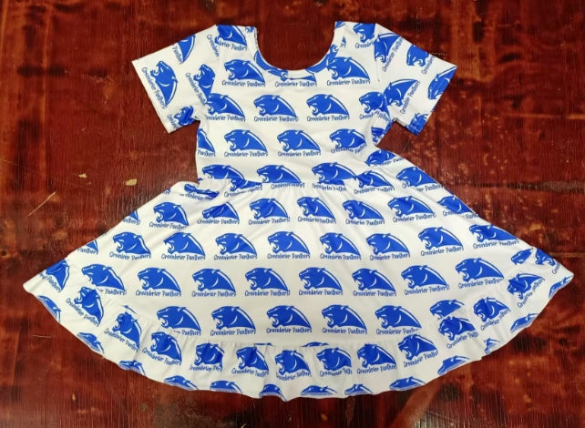 Preorder moq 5 Baby Girls Short Sleeves Blue Tigers Plaid Knee Length Dresses