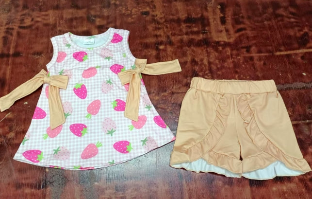 Preorder moq 5 Baby Girls Sleeveless Plaid Strawberry Bows Tunic Ruffle Short Set