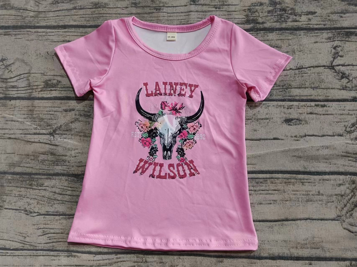 Preorder (moq 5)Baby Girls Pink Short Sleeves Lainey Wilson Bull Skull Tee Shirts Top
