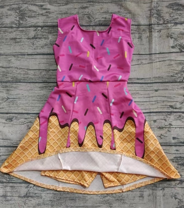 Preorder (moq 5)Baby Girls Hot Pink Sleeveless Ice Cream Drip Short Knee Length Dresses