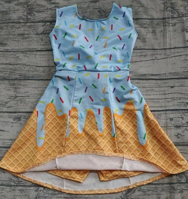 Preorder (moq 5)Baby Girls Blue Sleeveless Ice Cream Drip Short Knee Length Dresses