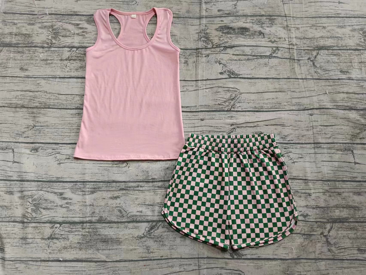 Preorder (moq 5)Baby Girls Peach Sleeveless Vest Top Green Plaid Short Set