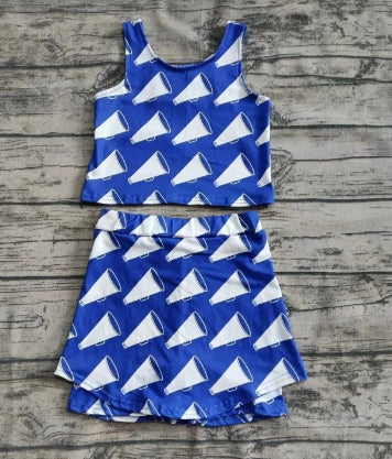 Preorder (moq 5)Baby Girls Hot Blue Sleeveless Cheer Vest Top Short Skirts Set