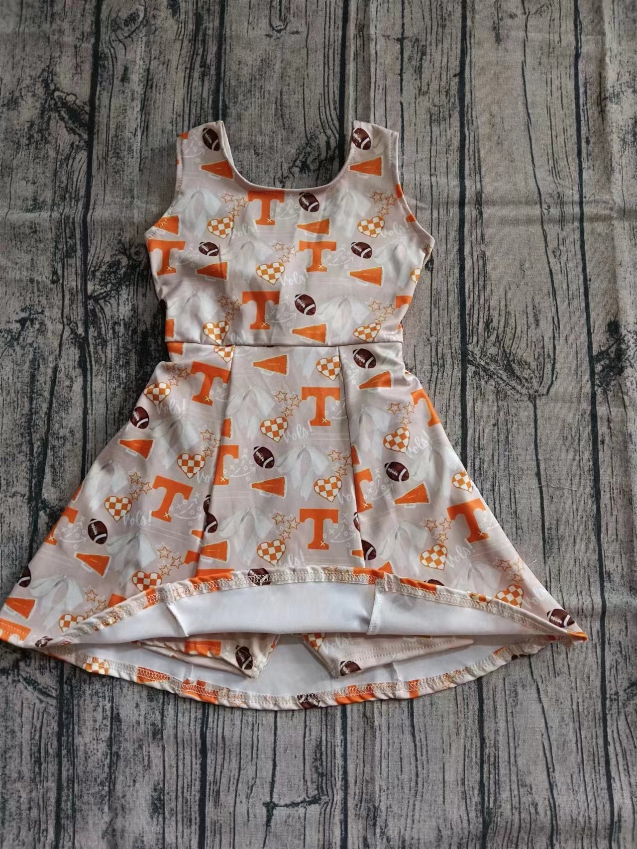Preorder (moq 5)Baby Girls Sleeveless Orange T Footballs Shorts Knee Length Dresses