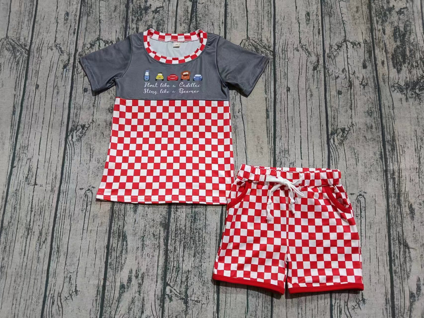 Preorder (moq 5)Baby Boys Gray Short Sleeves Cars Plaid Top Pockets Shorts Set