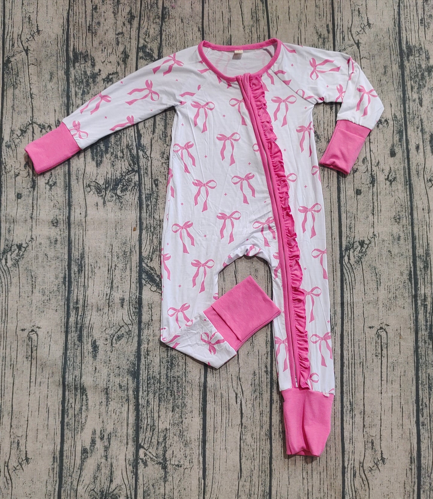 Preorder (moq 20)Baby Girls Bamboo Long Sleeves Pink Bows Plaid Ruffle Zipper Rompers