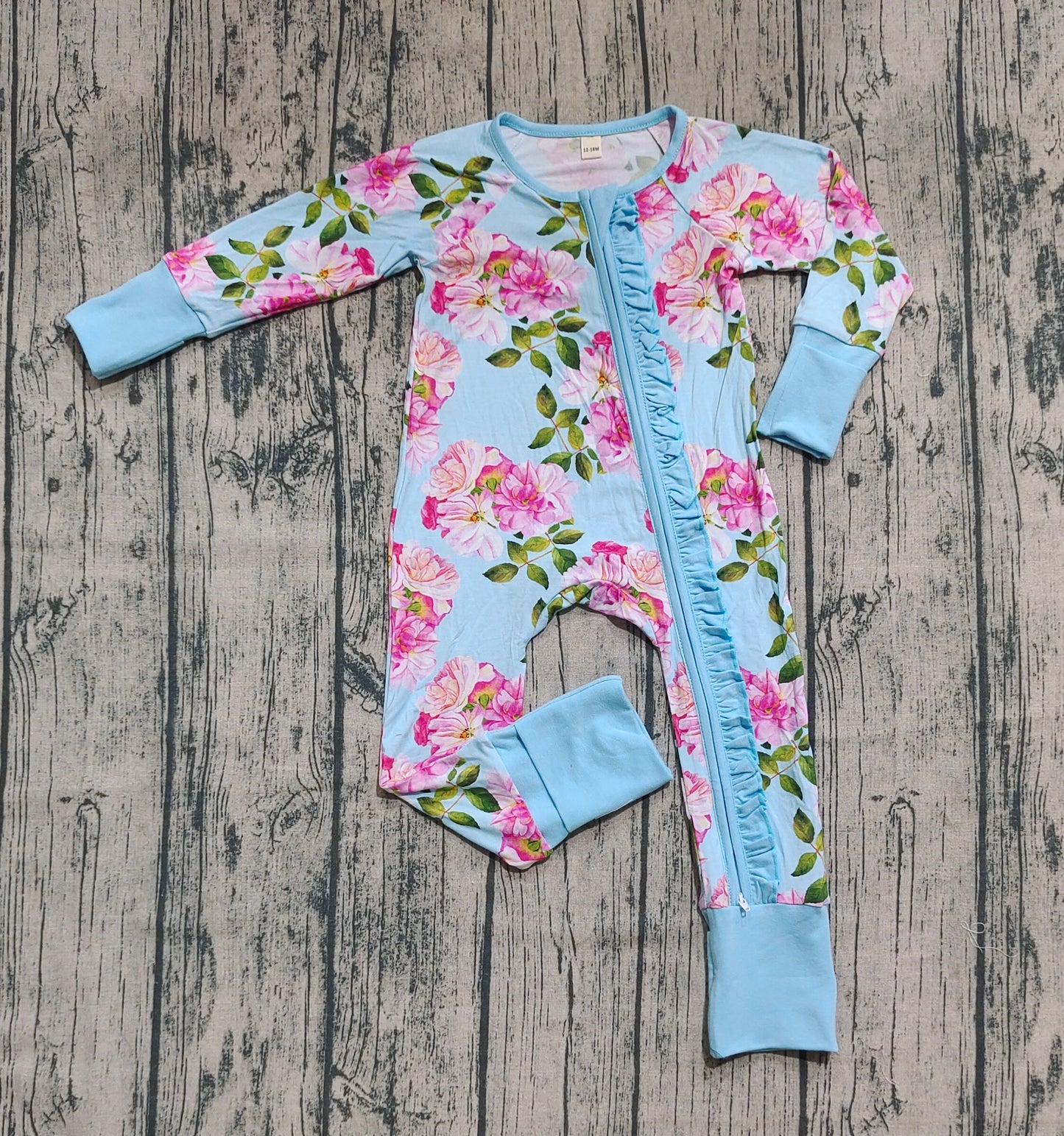 Preorder (moq 20)Baby Girls Bamboo Long Sleeves Pink Flowers Ruffle Zipper Romper