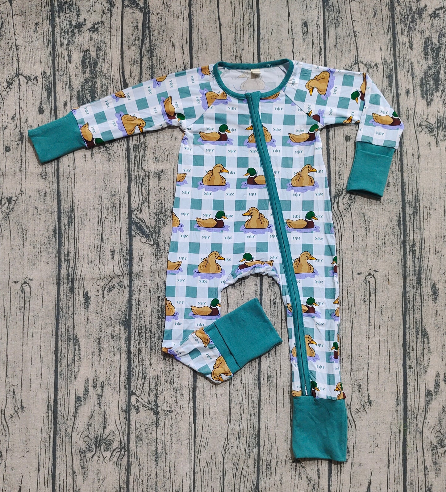 Preorder (moq 20)Baby Boys Bamboo Long Sleeves Ducks Plaid Zipper Romper