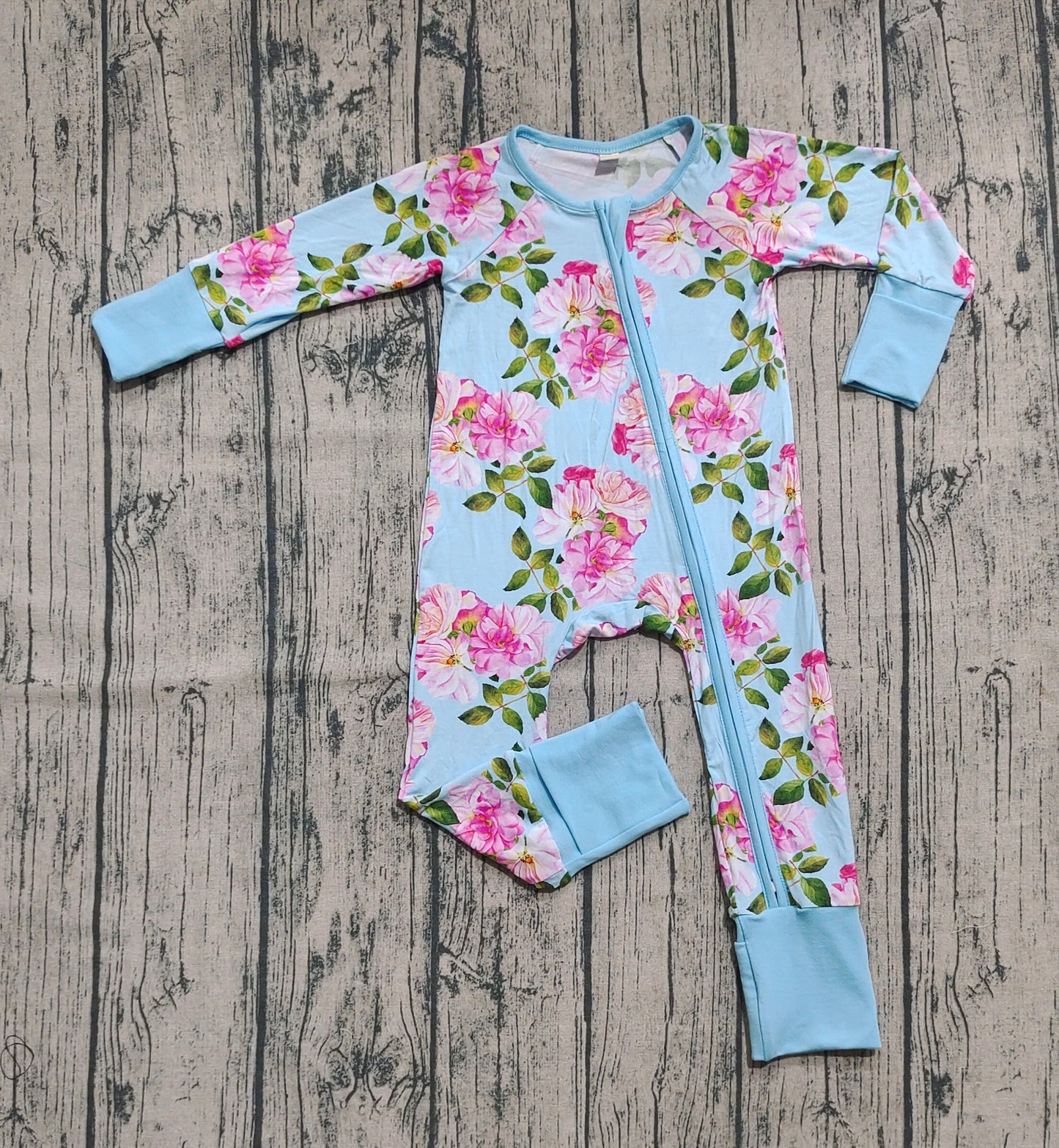 Preorder (moq 20)Baby Boys Bamboo Long Sleeves Pink Flowers Zipper Romper
