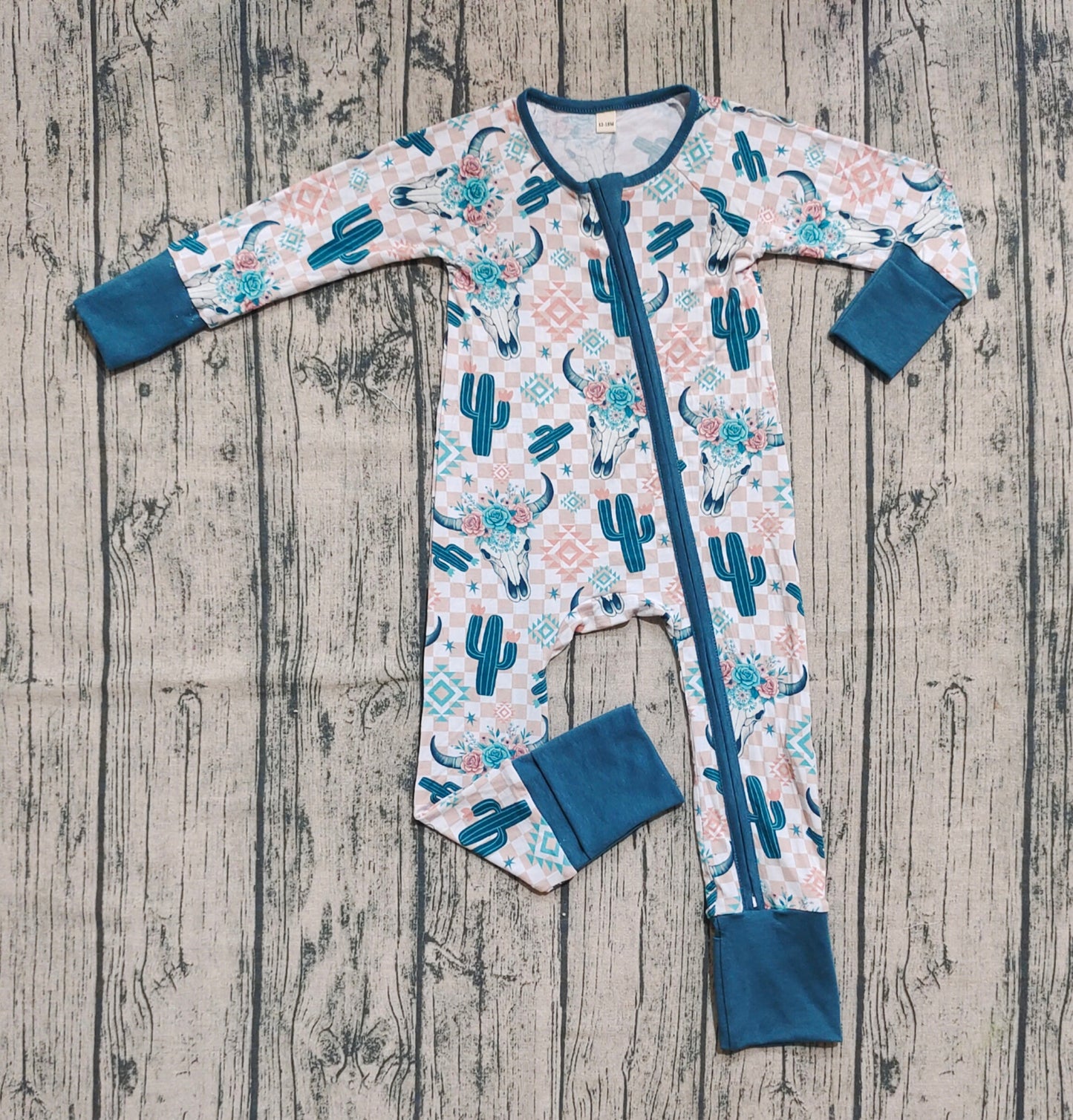 Preorder (moq 20)Baby Boys Bamboo Long Sleeves Bull Skull Cactus Plaid Zipper Romper