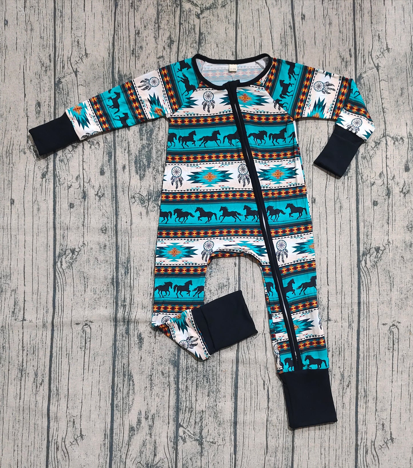 Preorder (moq 20)Baby Boys Bamboo Long Sleeves Aztec Horses Zipper Romper