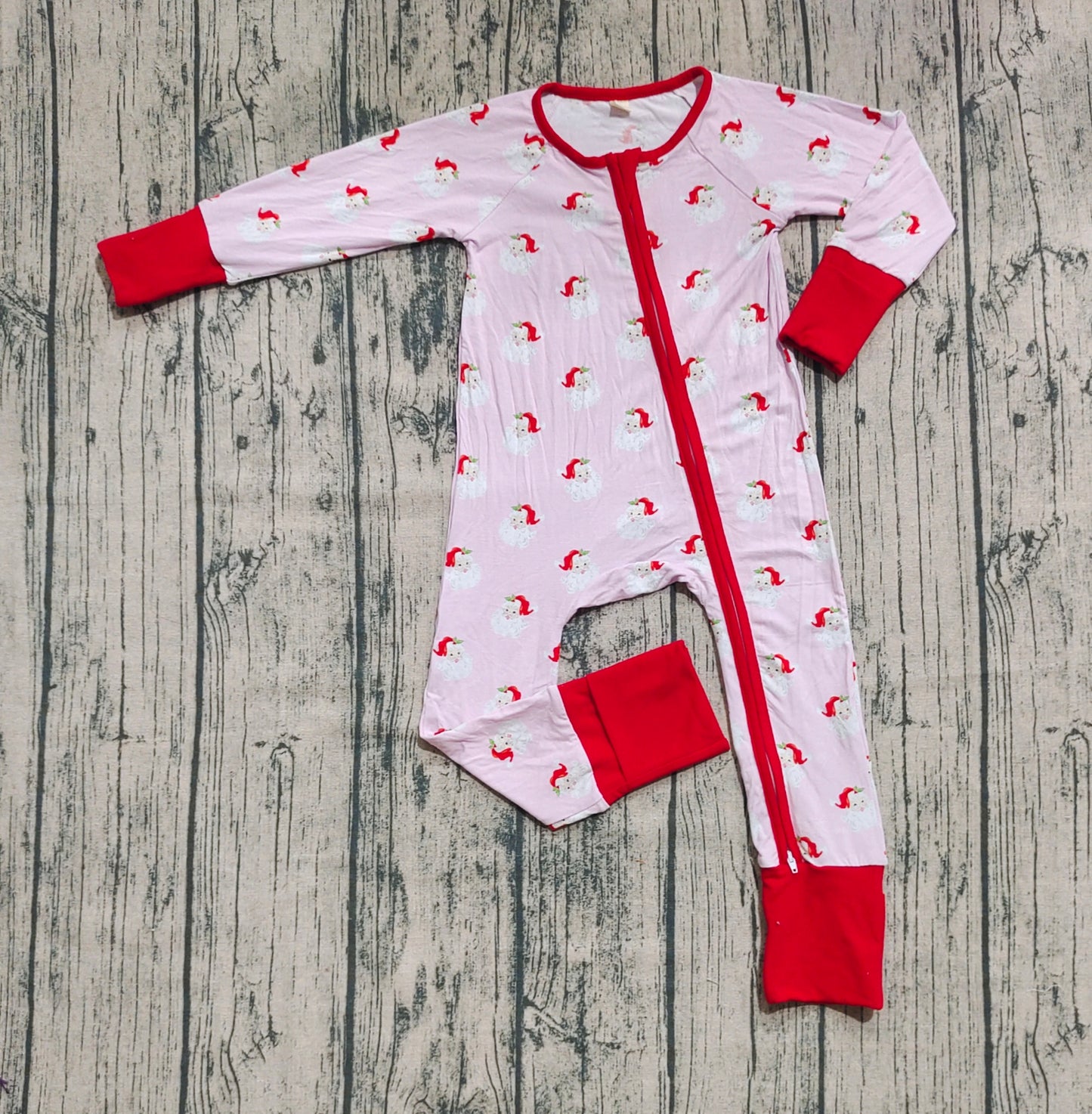 Preorder (moq 20)Baby Boys Bamboo Long Sleeves Pink Santa Plaid Zipper Romper