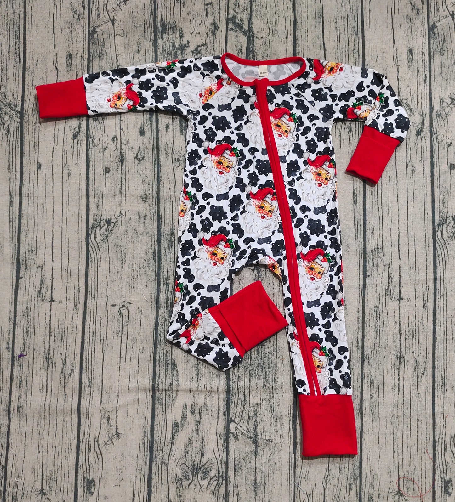 Preorder (moq 20)Baby Boys Bamboo Long Sleeves Cow Print Santa Zipper Romper